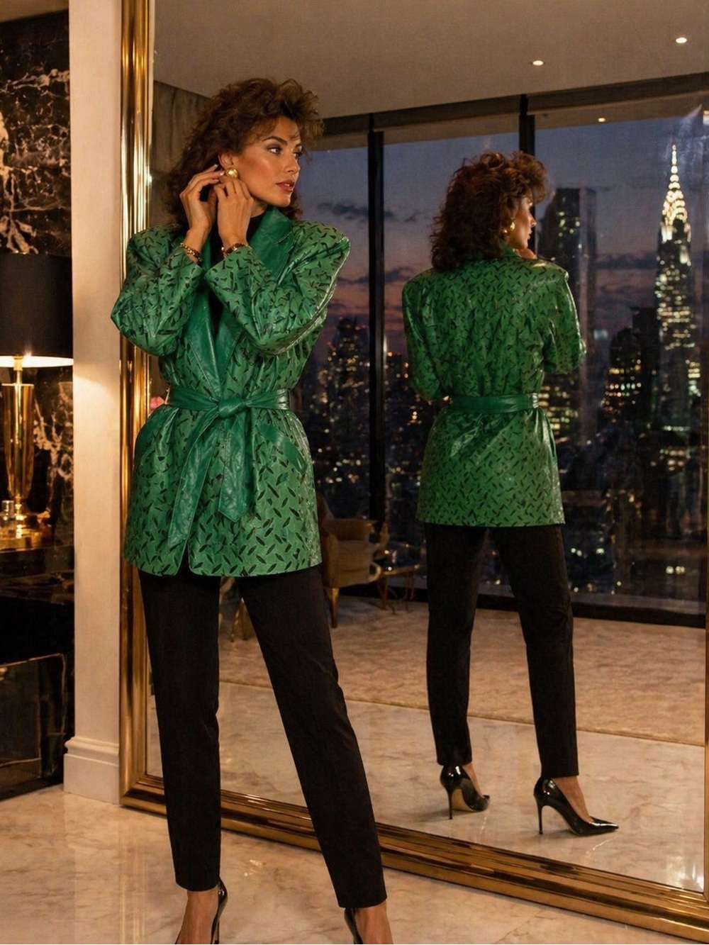 Vintage 80s Andrew Marc S Emerald Embossed Leather Belted Coat Korea Rare Chic